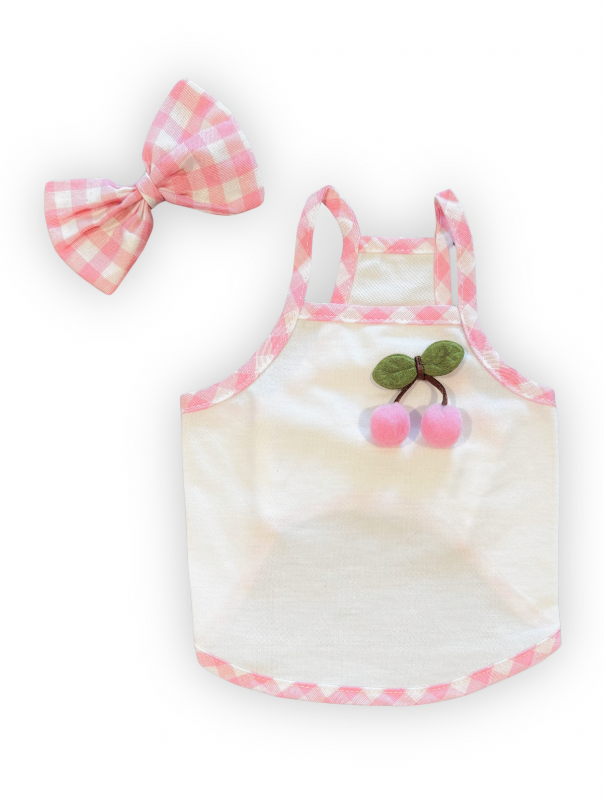Cherry Picnic Top – Gingham Trim Dog Shirt + Matching Bow