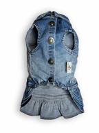 Stretchy Denim Dog Dress with Ruffled Skirt