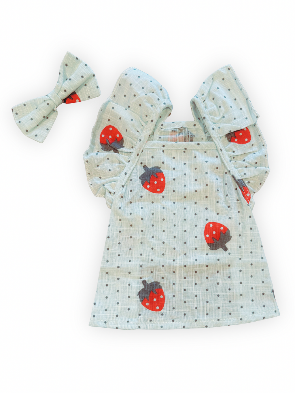 Polka Pup Dress + Bow – Strawberry Print Dog Dress with Ruffle Sleeves