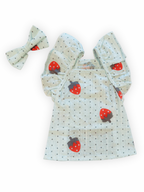 Polka Pup Dress + Bow – Strawberry Print Dog Dress with Ruffle Sleeves
