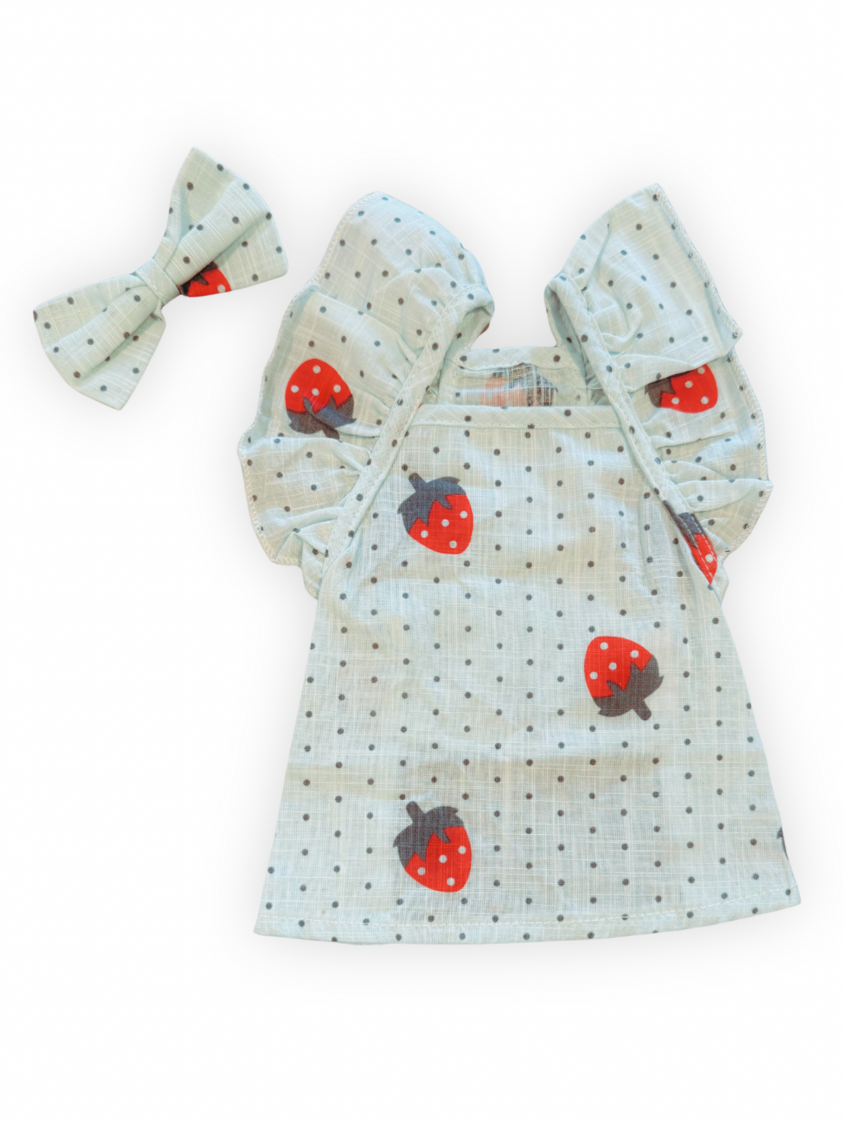 Polka Pup Dress + Bow – Strawberry Print Dog Dress with Ruffle Sleeves