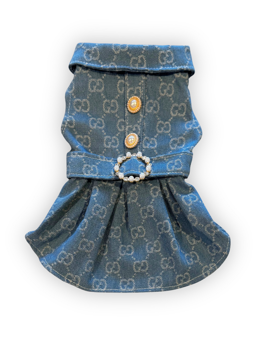 Sweetheart Buckle Dress – Chic Denim Dog Dress with Pearl Details