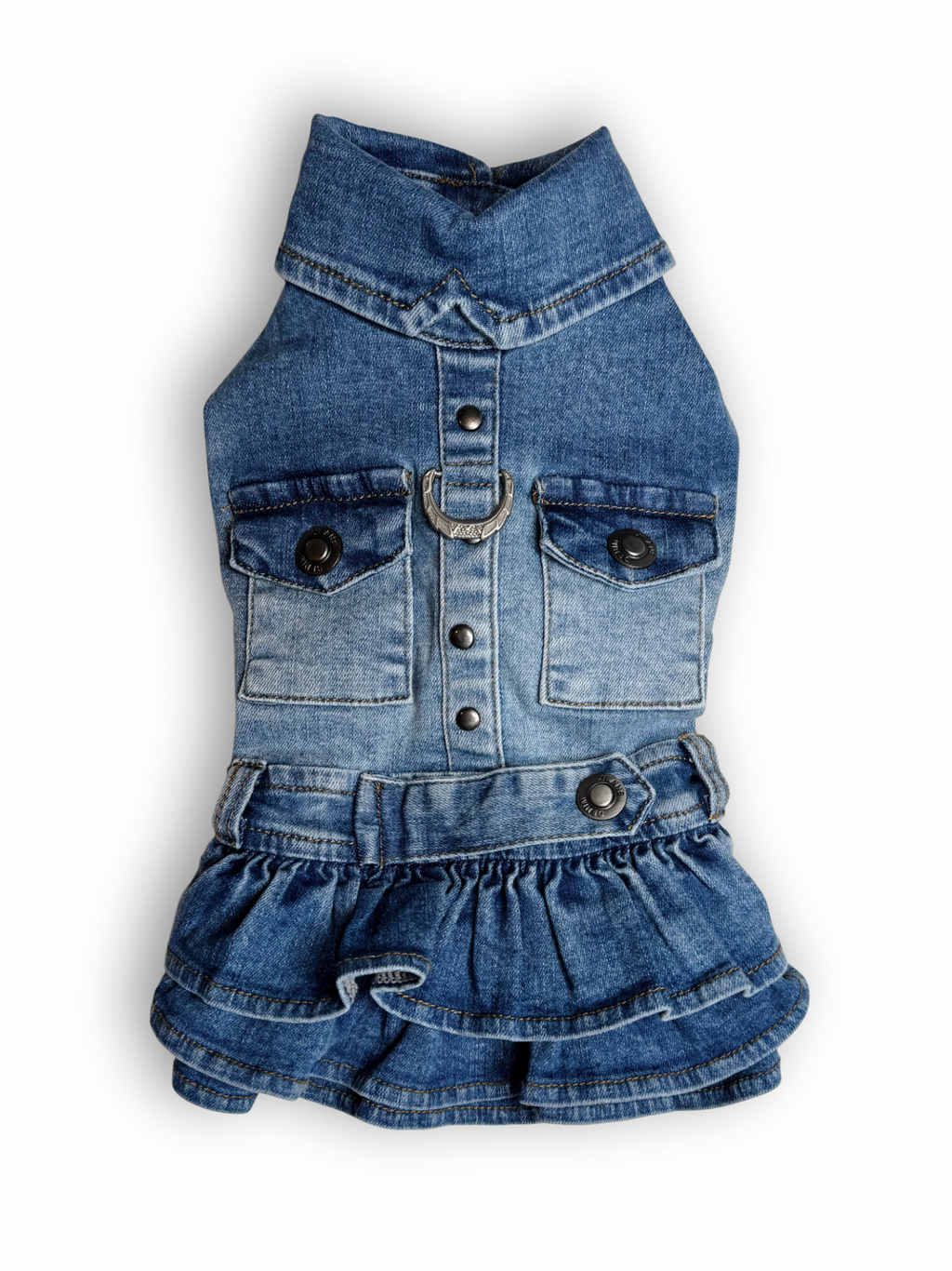 Stretchy Denim Dog Dress with Ruffled Skirt
