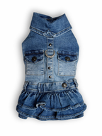 Stretchy Denim Dog Dress with Ruffled Skirt