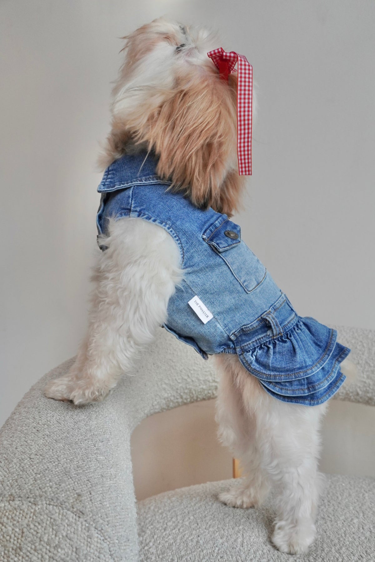 Stretchy Denim Dog Dress with Ruffled Skirt